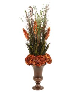 Hydrangea's and Red Hot Poker Flowers with Mixed Grasses in Cherry Wood Urn