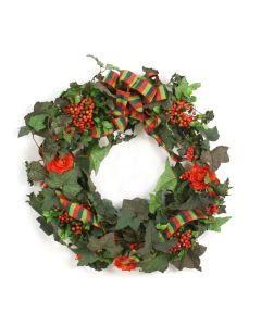 Green Ivy Wreath with Red Orange Berries and Flowers Accented with a Red and Green Plaid Ribbon
