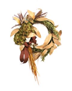 Fall Wreath of Green Hydrangeas Tan Leaves and Grasses with A Rust Brown Ribbon.