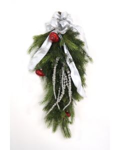 30" Swag of Pine with Red Ornaments Silver Accents and A Silver Ribbon