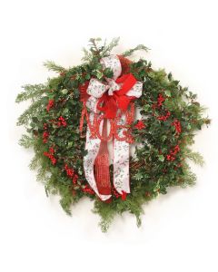 23" Cedar Wreath with Holly Berries Velvet Ribbon and Noel Wreath