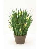 Natural Blades and Grass with Yellow and Coral  Wildflowers in Stoneware Pot