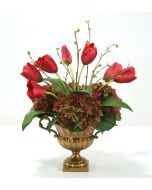 Burgundy Tulips and Rose Green Hydrangeas in Antique Brass Fluted Compote