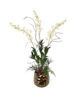 White Orchids and Greenery Mix in Burnt Gold Gabi Planter