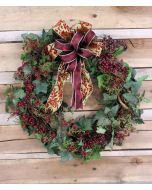 27" Ivy Wreath with Burgundy Berries with A Green and Burgundy Swirl Ribbon