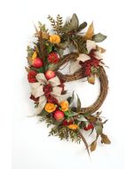 Double Fall Wreath with Feathers Red Apples Green Leafy Branches and Gold/Red Garden Flowers with Burlap and Red Ribbons