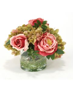 Light Mauve Green Hydrangea's and Pink Roses in Round Glass Vase
