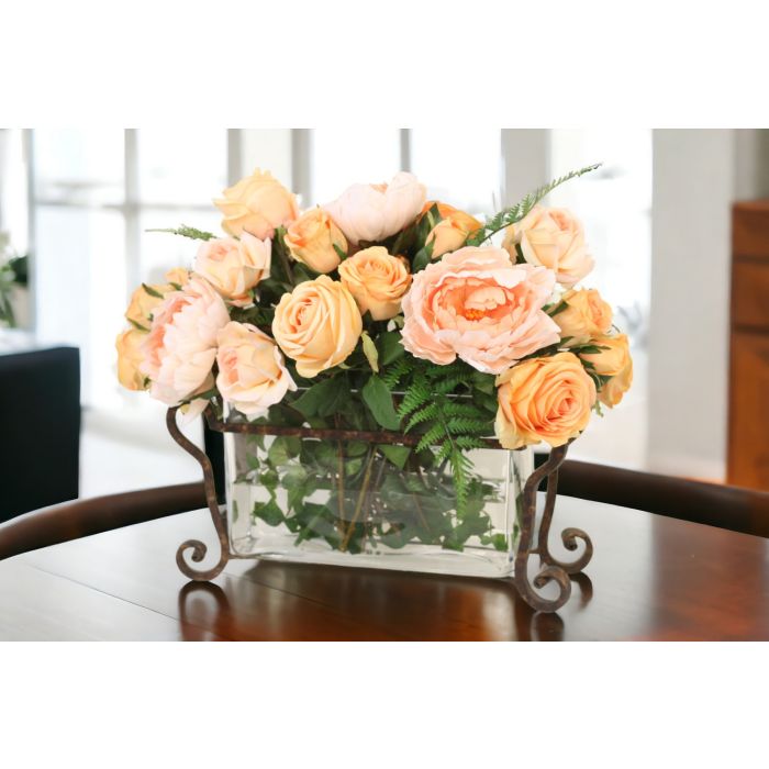 Waterlook® Peach and Champagne Roses in Rectangle Glass Planter