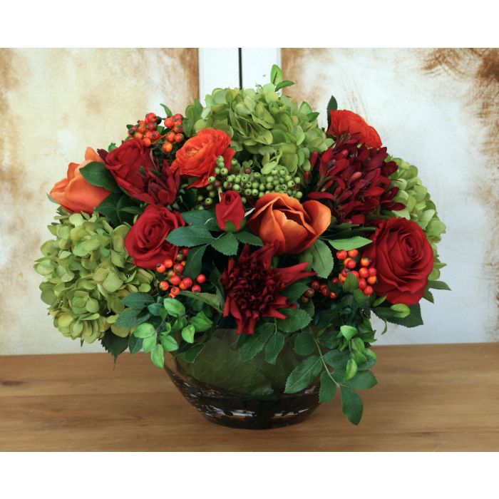 Red, Green, Orange Garden Flowers in Round Glass Bowl