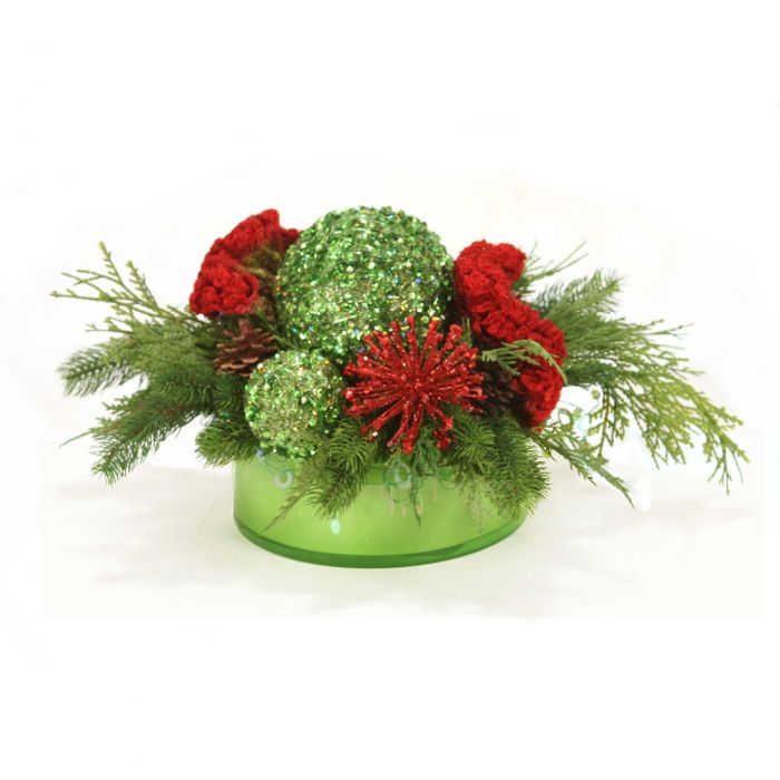 Red and Green Christmas Floral in Green Glass Bowl - Distinctive Designs