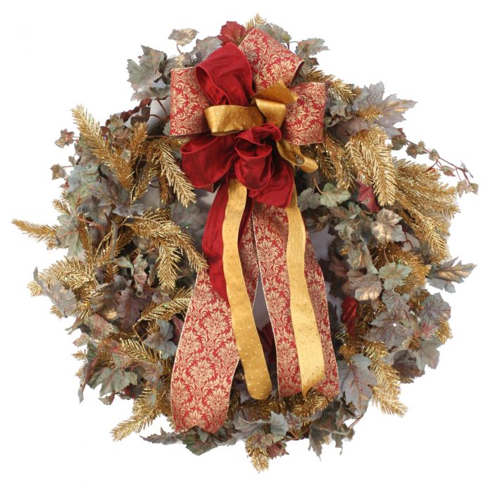 Frosted Grape Leaf Wreath with Gold Glitter Garland and Ribbon -  Distinctive Designs