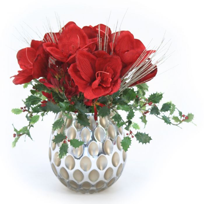 Red Amaryllis With Agapanthus And Holly In Champagne Vase Distinctive Designs